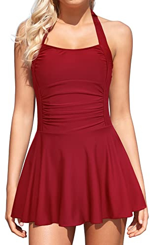 SHEKINI Women's Halter One Piece Swimdress Tummy Control Skirted Swimsuits Ruched Bathing Suit with Shorts Red