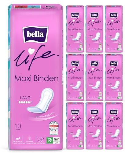 bella life Maxi Damenbinden Lang | dermatest: SEHR GUT | atmungsaktive Binden für Damen im 10er Pack (10 x 10 Stück) | parfümfrei und extra weiche Oberfläche