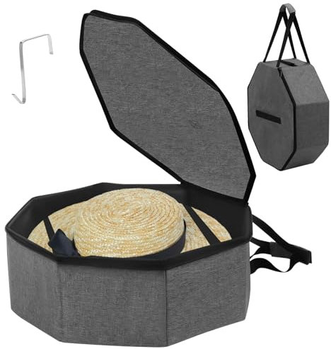 Hutschachtel Achteck für Reisen, Große Faltbare Hutbox mit Deckel, 42,9 x 18 cm, Pop-Up Hut Organizer Box Aufbewahrungstasche, Reißverschluss, Stabiler Griff, Cowboyhut Etui für Männer und Frauen