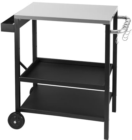 Daromigo Carro de barbacoa regulable en altura, mesa de barbacoa para exteriores, resistente a la intemperie, con asa y estante para especias, 3 estantes, 6 ganchos, carrito de servir con ruedas, mesa