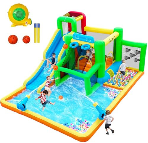 FBSPORT Inflatable Bouncy Castle with Blower, Dry/Water Slide Water Park for Kids Outdoor Indoor Garden, Water Bouncy Castle with Spray Climbing Wall Trampoline Basketball Hoop, 425 x 355 x 215 cm