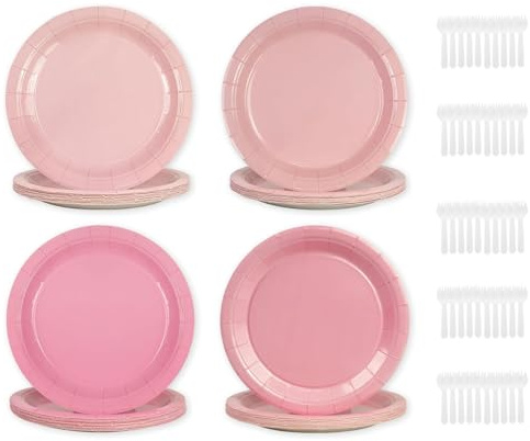 Jimkply 48 platos de papel para cumpleaños y fiestas, redondos, desechables, con 50 cucharas, juego de vajilla festiva para bodas, fiestas de cumpleaños, 4 diseños diferentes (rosa)