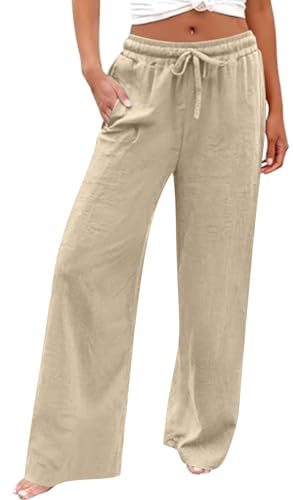 Wide Leg Pants for Women High Waisted Linen Palazzo Trousers Summer Beach Outfits Natural Bast Fiber Breathable Flowy Casual Pants with Pockets