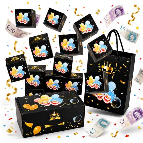 Happy Birthday Surprise Explosion for Money, 12 Pcs Pop Up Cash Gift Box | Birthday Surprise Explosion Box, DIY Novelty Luxury Folding Bouncing Money Boxes for Kids Friends Family (Black Gold)