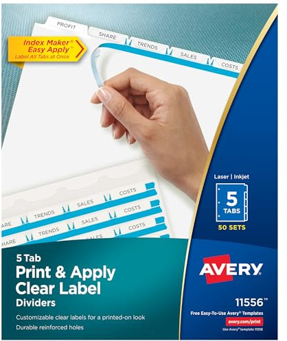 AVERY 5-Tab Binder Dividers, Easy Print & Apply Clear Label Strip, Index Maker, White Tabs, 50 Sets (11556)