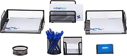 Relaxdays Schreibtisch Organizer Set, 7-teilig, Metall, Schreibtisch-Set, Briefablage, Zettelbox, Stifteköcher, schwarz, 35.5 x 27.5 x 9 cm