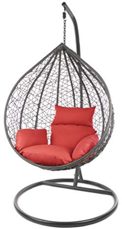 KIDEO Komplettset: großer Hängesessel mit Gestell & Kissen, XXL Größe, Korbsessel, Poly-Rattan (Korb & Gestell: grau, Kissen: rot Nest (3050 Scarlet))