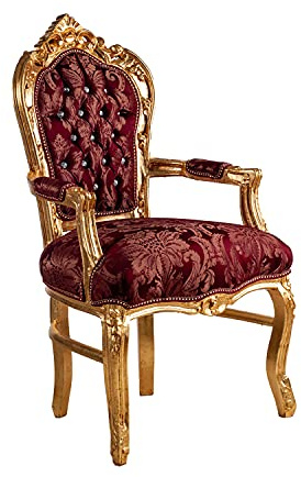ITALUX MORE LIGHT Poltrona Stile classico in legno foglia oro e tessuto damascato bordeaux. Scienale capitonne con gemme in vetro