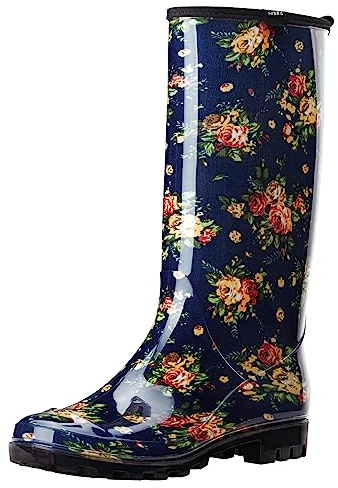 HISEA Women's Tall Rain Boots Slim Calf Waterproof Garden Boots Fashion Printed Rubber Boot Knee High Rain Shoes for Outdoor Gardening Yard Mud Work, Size 11 Flower Navy