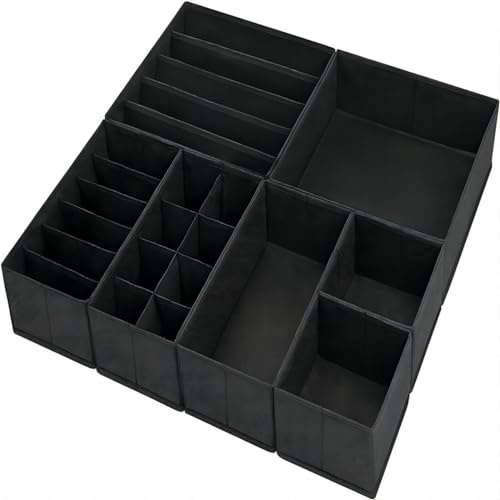 DIMJ 7 Pack Dresser Drawer Organisers - Foldable Storage Box Fabric Wardrobe Storage Organiser Drawer Dividers Storage Cubes for Bras, Socks, Underwear, Ties, Scarves, Cosmetics (Black)