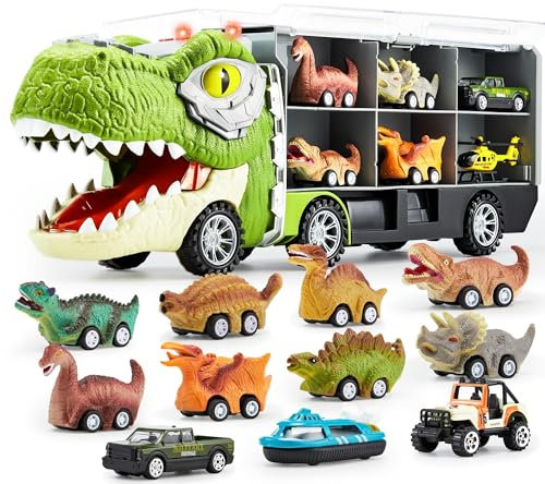 JOYIN 13 Stück Dinosaurier Spielzeug-Set - Autotransporter Mit 12 Zurückziehbaren Dino-Fahrzeugen, Transportwagen Mit Musik, Sound, Lichtern Und Hubschrauber - Für Kinder