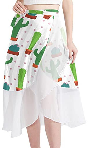 Green Cactus Plant Pot Little Floral Women Beach Sarongs Sheer Cover Ups Chiffon Bikini Wrap Skirt for Swimwear