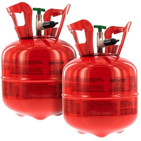 Party Factory – Helium Gasflasche 2x 140L für ca. 40 Luftballons – Partydeko Ballongas Flasche für Latex- & Folienballons – Einwegflaschen mit Knick-Füllventil – Für Partys, Hochzeiten und Geburtstage