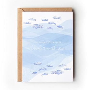 10 Einladungskarten Konfirmation mit Umschlägen, moderne Einladungen Konfirmation, minimalistische Einladungskarten Fische zum Ausfüllen für Jungen und Mädchen (Einladung Konfirmation Fische)