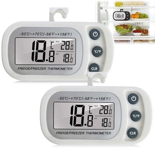 Asfrode Termometro digitale per frigorifero, 2 pezzi, termometro per frigorifero con gancio e magnete, display LCD, termometro digitale per frigorifero, termometro per congelatore, funzione max/min, 2