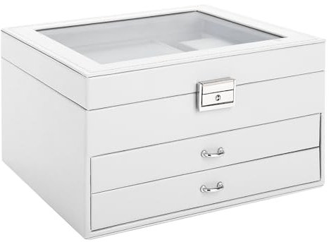 Yieseang Portagioie per ragazze, con cassetto, portagioie con coperchio in vetro, organizer per gioielli, per orecchini, anelli, orologi, Natale, San Valentino, compleanno, bianco