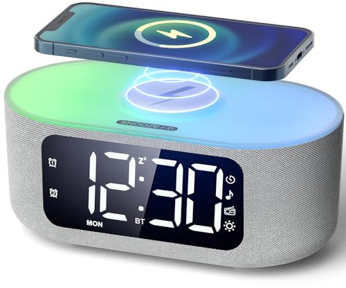 LIORQUE Digitaler Radiowecker mit Kabelloser Ladestation, Bluetooth Wecker mit Licht, 15W Fast Wireless Charger Qi, LED Display mit Auto Dimmer, 2 Wecker, Wochenendmodus, Schlafmusik