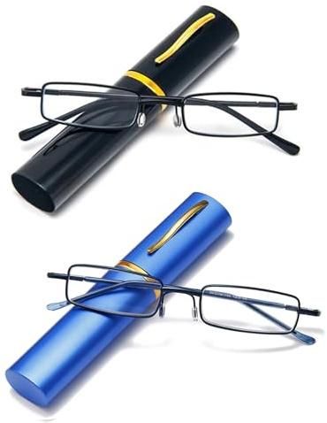 Hubeye 2 Paar Tragbare Lesebrille Damen und Herren Ultraleichtem Kompakt Lesehilfe aus Metallrahmen Schmal Metallbrille mit Brillenetui 2.50