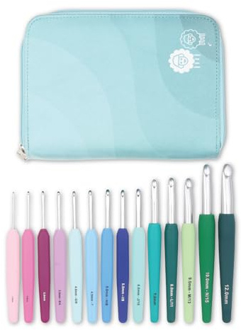 KnitPro Waves Crochet Hooks Set – 14 Hook Grande Gift Set, Sizes 2 – 12mm, Ergonomic Soft Handles, Soft Rubber Grip for Arthritic Hands, Light & Comfortable Crochet Needles for Knitting