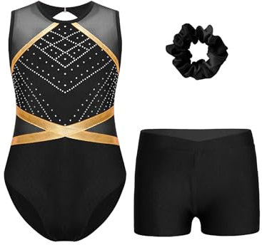 Fldy Mädchen Turnanzug Mit Kurze Hose Haarband 3er Set Kinder Gymnastikanzug Glitzer ärmellose Netz Patchwork Trikot Ballett Wettkampf Tanzkleidung Schwarz 146-152