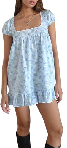 Felcia Women Summer Mini Dress Square Neck Puff Sleeve Plaid Print Babydoll Cute Dress Floral Graphic Loose Fit Flowy Sundress