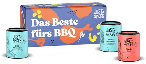 Just Spices Grill Geschenkbox I Geschenkset mit 3 Gewürzdosen I Grill-Marinaden & Rubs für Fleisch, Fisch, Gemüse