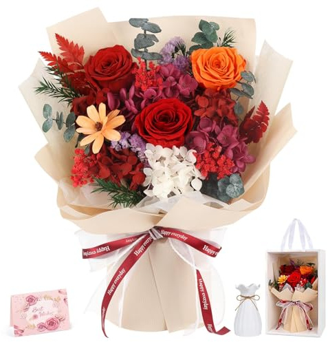 Preserved Flowers Bouquet Flowers Delivery Next Day Prime Real Forever Roses Bouquet Last 3-5 Years for Women Mom Wife Girlfriend Anniversary Christmas Thanksgiving Birthday valentines for Her (Red)