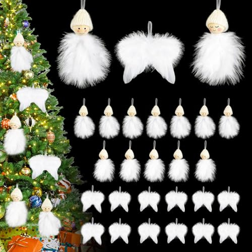Addobbi Albero di Natale Bianca Piuma, 24 Pezzi Albero di Natale ali di Piume Ciondolo, Ali d'Angelo Ornamenti Natalizi, Decorazioni Natalizie Bianche Angelo Piuma, per la Casa Interno Esterno