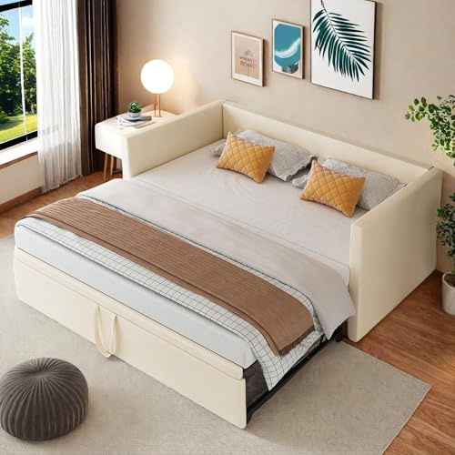 HFASD Canapé-lit/lit de jour 90/180x200 cm, lit simple dépliable, lit gigogne de même hauteur avec lit d'appoint, canapé 2 places convertible, lit de jour, velours, sans matelas, Beige