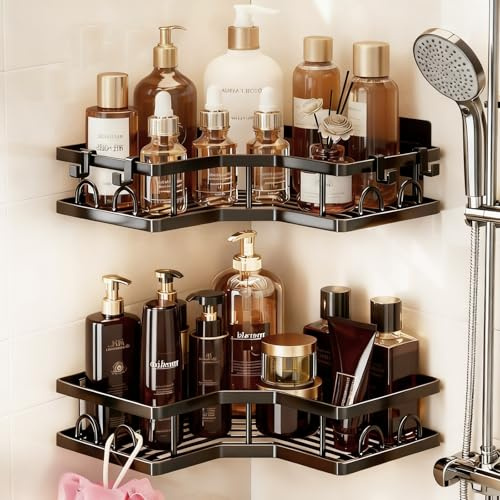[2 Piezas] Estanteria Baño Sin Taladro, LIINKINNO Resistente al Agua y al Metal Oxido Estantería Rinconera Ducha Esquina Organizador Cesta con Ganchos para Bañera Cocina Baño Jabonera Accesorios Negro