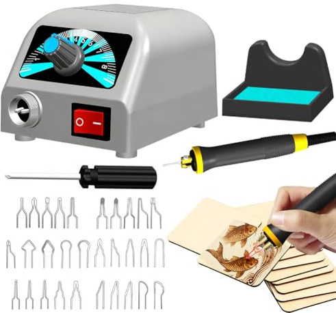 Estación de pirograbado, juego de manualidades, juego de herramientas para quemar madera, pirografía de madera, pistón de 25 W con 30 puntas de soldadura, temperatura ajustable de 200 ℃ - 800 ℃