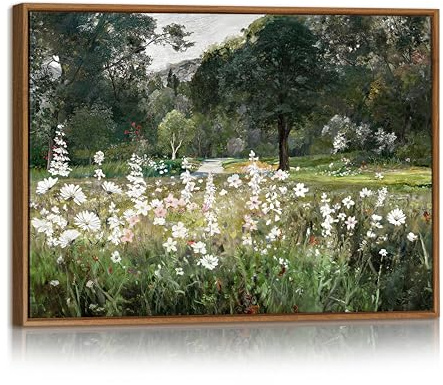 Quadri Moderni Con Cornice Paesaggio Alberi Verdi Vintage Stampe da Parete Strada Rurale Con Fattoria Quadro Piante Fiorite Naturali Stampa Su Tela Decorazioni per Soggiorno Camera da Letto 30X40cm