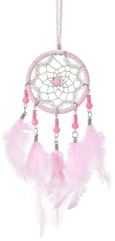 URYVAIW Acchiappasogni, Rosa, Fatto a Mano, Ø8cm, Lunghezza Totale 22cm, con Piume & Perline, per Camera da Letto & Cameretta, Protezione contro gli Incubi, Regalo Decorativo