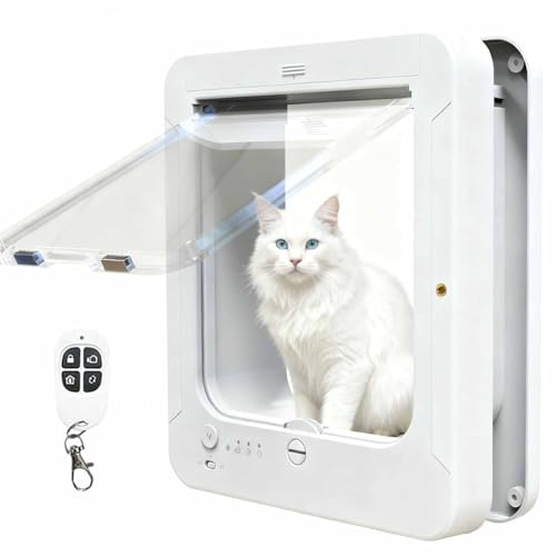 Elektronisk kattdörr smart husdjursdörrflik med kragnycklar och fjärrkontroll, 4-vägs låsning, automatisk upplåsning