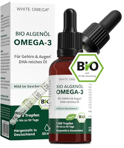El primer aceite de algas Omega 3 orgánico – Alta dosis de DHA para cerebro y ojos – vegano – 50 ml para 50 días – sabor suave – probado en laboratorio, fabricación sostenible, fabricado en Alemania
