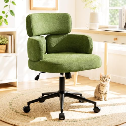 Hellove Chaise de Bureau, Chaise Coiffeuse avec Dossier et Accoudoirs Fixes, Fauteuil Pivotant à roulettes, Chenille, Réglable en Hauteur, Capacité 150 kg, pour Bureau Chambre à Coucher Salon,Vert