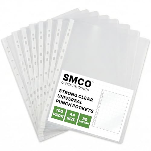 SMCO 100 x A4 Plastic Punched Poly Pockets Sleeves Clear Low Glare – Heavy Duty Polly Top-Loading Document Wallets for Ring Binders, Lever Arch Files, Office, School & Home Filing