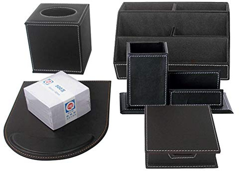 KINGFOM 6pcs Leder büro Schreibtisch Set - Inklusive Schreibtisch Organisator, Kosmetiktücherbox, Mauspad,Stifthalter mit Visitenkartenhalter, Zettelbox und 500 Seiten Memo Papier (T45-6-Schwarz)