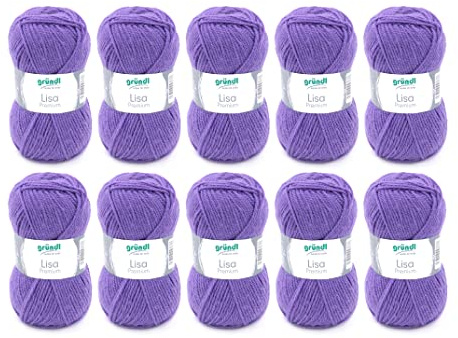 Gründl Wolle Lisa Premium uni - Garn zum Stricken - Strickgarn - Häkelgarn - Weich und hautfreundlich - 100% Polyacryl 10 Knäuel 50 g / 133 m - Nadelstärke 3,5-4,5 - Lila 43
