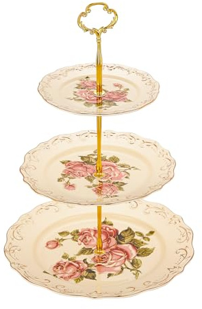 YOLIFE Porcelain 3 Tier Cake Stand, Afternoon Tea Service Cupcake Tray, Vintage Pink Rose Emboss Golden Leaves Edge Ivory for Party Food Display