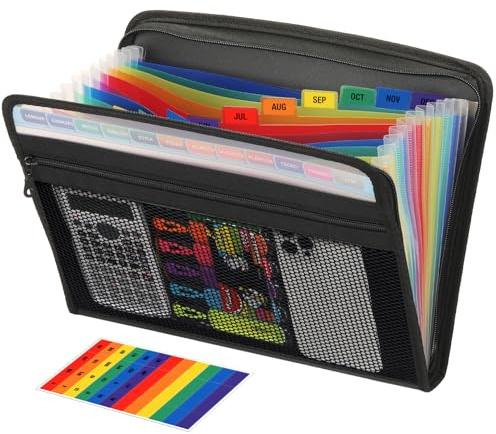 H4D Zippered Accordion File Organizer with Front Mesh Pouch, 13 Pocket Expanding File Folder, Fit for Documents Letter Size A4 Papers, Black