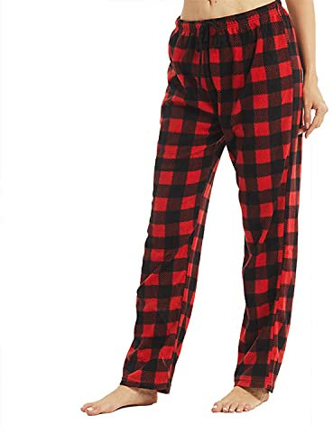 YUSHOW Schlafanzughose Damen Lang Fleece Karierte Pyjamahose Winter Weich Nachtwäsche Pyjama Hose Soft Freizeithose Weihnachts Pyjama mit Kordelzug, Rot Schwarz Kariert Größe S
