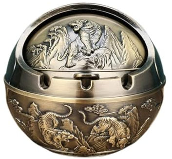 Posacenere in metallo con coperchi, antivento, per uso interno o esterno, posacenere per fumatori, posacenere per scrivania, decorazione per casa e ufficio (tigre bronzo)