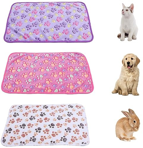 NUDFSY 3 Pieces Dog Blanket, Cat Blanket, Pet Blanket Sleep Mat, Cute Paw Print Blankets Soft Warm Blankets, For Puppy Dogs Cats And Other Medium Large Pets (Pink Purple White)