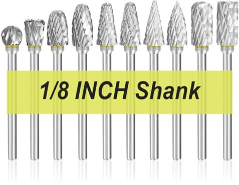 YOFULY Juego de 10 fresas de carburo de tungsteno, vástago de 1/8 pulgadas, cabezal de lijado de 1/4 pulgadas, doble afilado, acero de tungsteno para lijadora, tallado de madera, pulido de metales