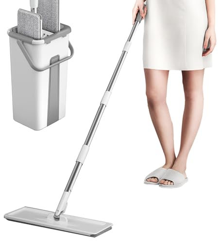 Juego de fregona y Cubo con escurridor para el hogar, fregonas y Cubos para Limpieza de Suelos | Juego de Cubo de fregona para Limpieza de Suelos - La Microfibra Lavable rellena la fregona Plana y el