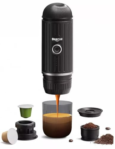 Besmall Cafetera Eléctrica Portátil Autocalentada, Cafetera Eléctrica de Mano Cafetera Coche 12V USB, 2 en 1 Máquina Espresso cápsulas y polvo de café, adecuada para viaje, camping