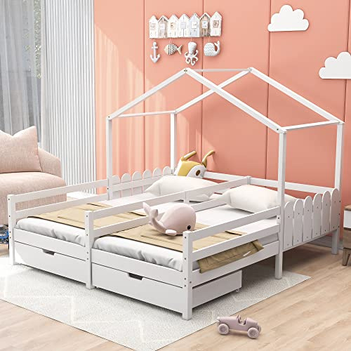 Cama doble, cama infantil, cuna con 2 cajones de MDF, cajones con ruedas, somier de láminas de pino, color blanco, 200 x 90 cm