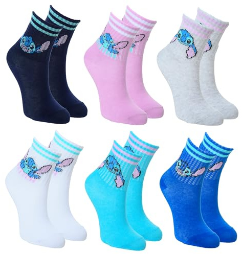 Disney Stitch Calcetines para Niña, Diseño Tenis Set de 6 Calcetines de Algodon, Tallas EU 23 a 34 (FR/ES, Números, 27, 30, Regular, Multicolor)