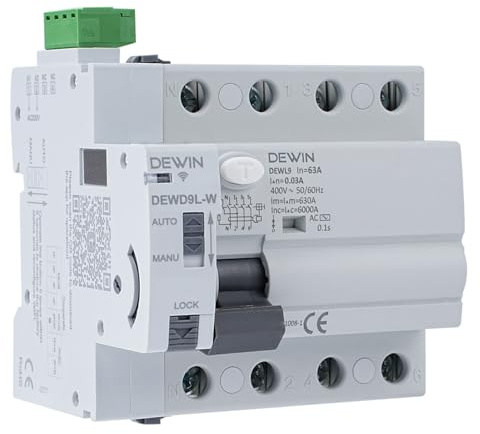 DEWIN FI-Schutzschalter mit Automatische Wiedereinschaltung, FI Automatische Wiedereinschaltung FI Schalter DEWD9L-W Leckageschutz Leistungsschalter 4P 63A 30mA AC 400V